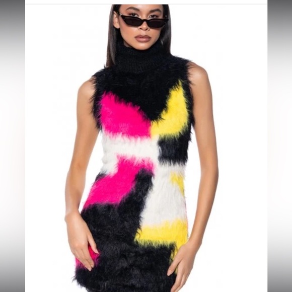 AKIRA Dresses & Skirts - AKIRA NWT Size M Black Pink Yellow Faux Fluffy Fur Sleeveless Mini Dress (0459)
